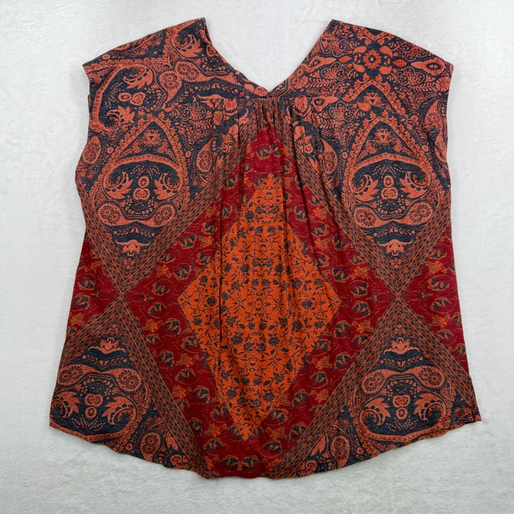 Lucky Brand Plus 1X Boho Top Button Front Cap Sleeve Paisley Medallion Peasant - Picture 11 of 12